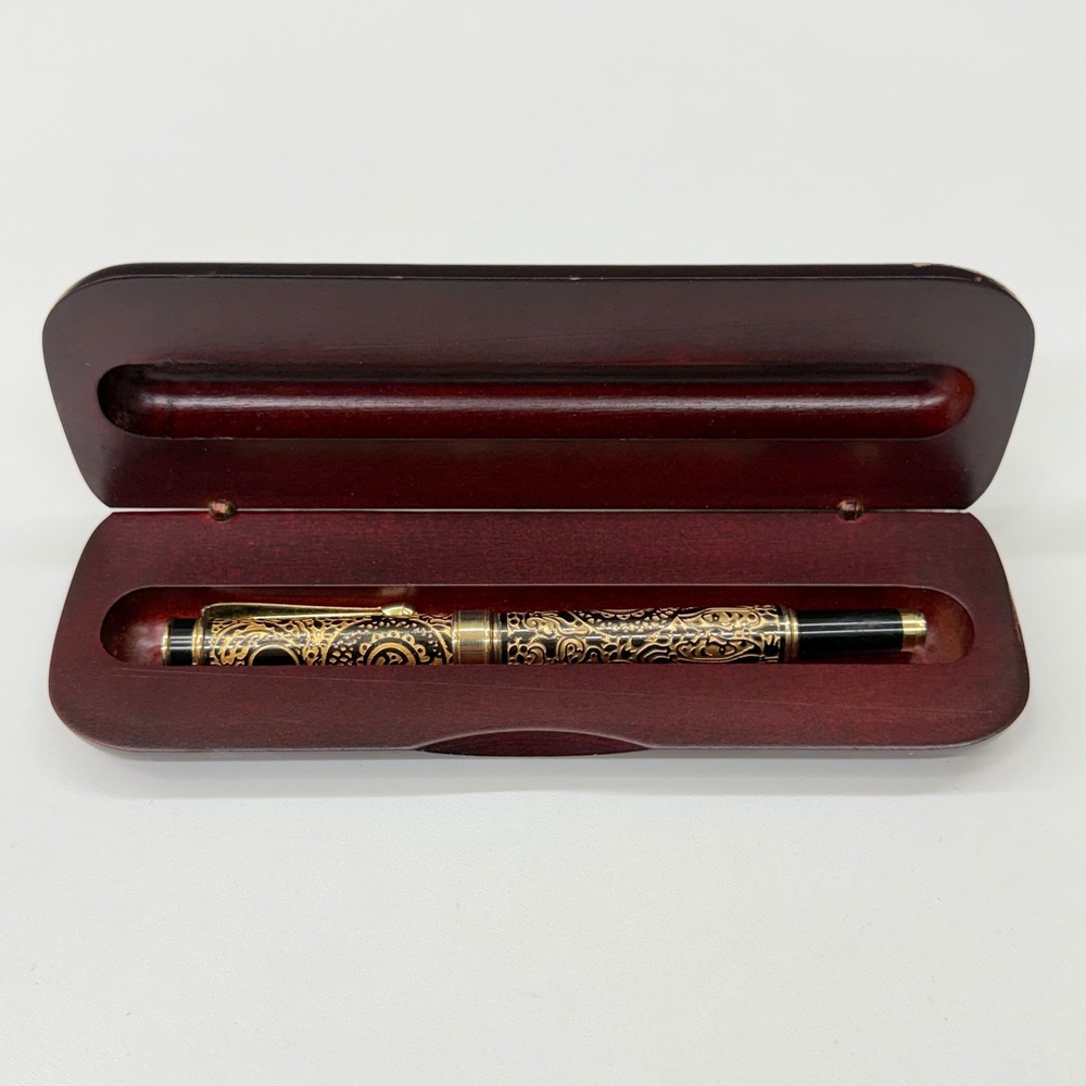 Vintage 1994 The Bombay Company Gold Filigree Rollerball Pen with Wood Case